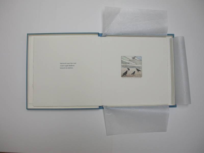 binnenwerk van boek Columbia Icefield met een haiku en ets-afbeelding met vogels