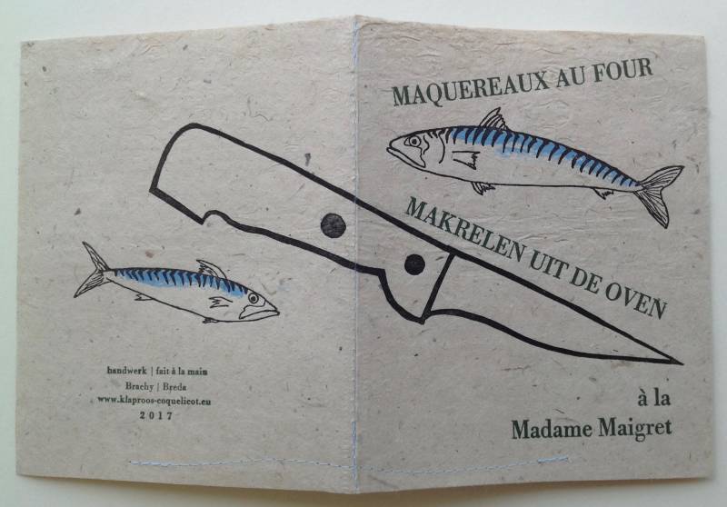 kaft met titel "Maquereau au four" en "Makrelen uit de oven" en tekeningen van vissen en een mes